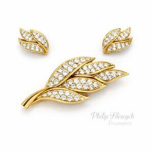 BR-50-Vintage Gold Tone Leaf Brooch & Earrings Set Rhinestone Retro Jewelry